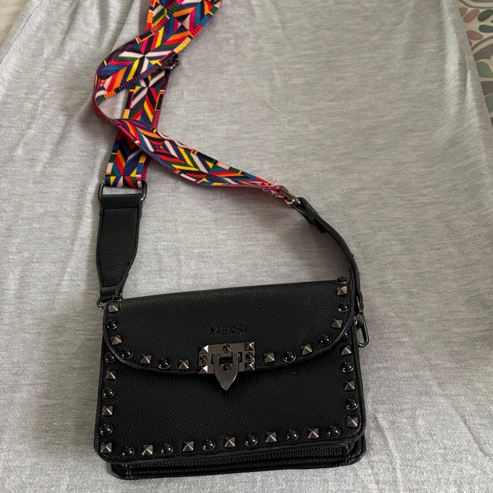 Kessi Black Studded Crossbody Bag with Colorful Strap